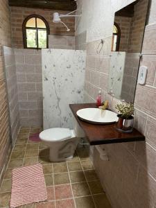 a bathroom with a sink and a toilet and a mirror at Recanto das Orquideas in Quatis