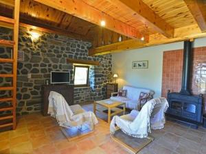 sala de estar con chimenea y pared de piedra en Gîte Araules, 3 pièces, 4 personnes - FR-1-582-263, en Araules