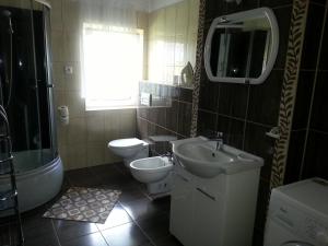 a bathroom with a sink and a toilet and a window at Dom na Mazurach in Przerwanki