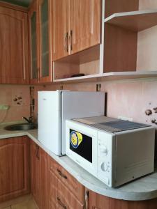 a microwave oven sitting on top of a kitchen counter at Lavina mall apartments 4 in Sumy