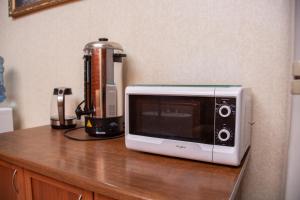 a microwave sitting on a counter next to a blender at Hotel Piligrim 3 in Mykolaiv