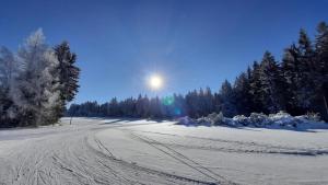 uma estrada coberta de neve com o sol ao fundo em "Sporthütten Nassau" Ihr zentrales Domizil an der Blockline em Bienenmühle