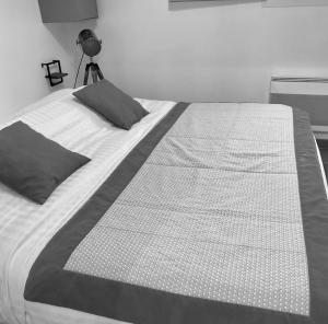 a black and white photo of a bed in a bedroom at Séjour Romantique Jacuzzi intérieur Privé in Le Vigan +19 photos