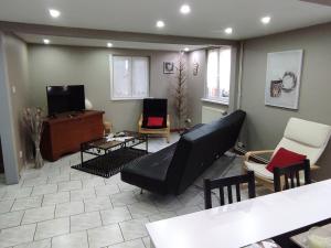 ein Wohnzimmer mit einem schwarzen Sofa und einem TV in der Unterkunft Gite de la kirneck in Valff