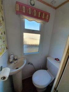 a bathroom with a toilet and a sink and a window at 'Runway View' at Shobdon Airfield, Herefordshire in Shobdon