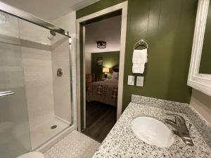 uma casa de banho com um lavatório e um chuveiro em Lone Fir Resort em Cougar
