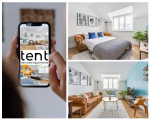 埃格姆Central 1 BR apt , pkg, great for long term guests的拍着卧室和客厅照片的人