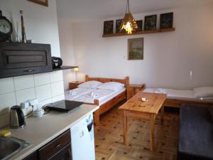 kuchnia i salon z 2 łóżkami i stołem w obiekcie NA BANI-apartamenty i pokoje w Rabce