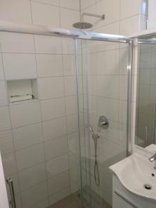 a shower with a glass door next to a sink at Apartman Mijo 1 in Jadranovo