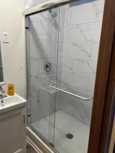 a shower with a glass door next to a sink at Hollywood Rentals LLC in Chicago