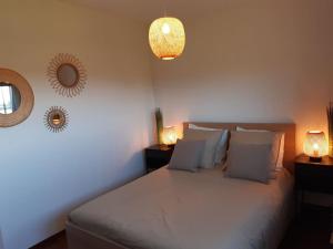 una camera con un letto con due lampade e uno specchio di Logement 80 m2 avec terrasses entre les deux abers a Landéda