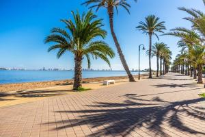 a sidewalk with palm trees on the beach at Casa de Cristal - Beautiful villa with private pool, 350m from beach, astonishing views in Mar de Cristal
