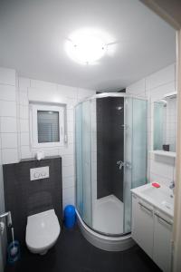 a bathroom with a shower and a toilet and a sink at Apartments KARLO in Baška Voda