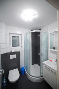 een badkamer met douche, toilet en wastafel bij Apartments KARLO in Baška Voda