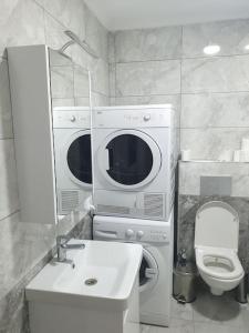 a bathroom with a sink and a washing machine and a toilet at Center Apartment in Istanbul