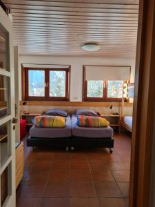 un soggiorno con divano e 2 finestre di Ruime, gezellige vakantiewoning nabij Winterberg voor 2 tot 6 rustige natuurliefhebbers a Schmallenberg