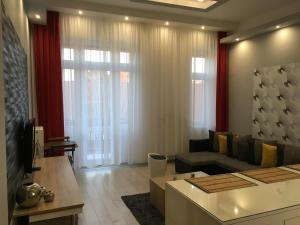 a living room with a couch and a table at Gutenberg Apartments in Szeged