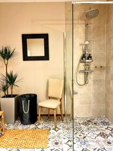 a bathroom with a shower with a chair and a mirror at Appartement de Charme de 75m², Lumineux et Calme in Nantes