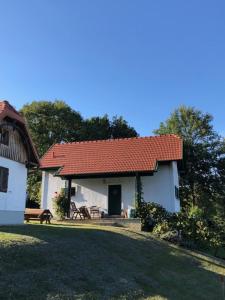 ein kleines weißes Haus mit rotem Dach in der Unterkunft Kellerstöckl Postrumer Weinberg 49 in Kulm im Burgenland