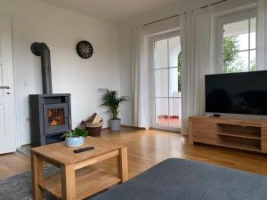 a living room with a television and a fireplace at Allgäu Villa in Lachen