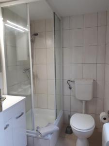 y baño blanco con aseo y ducha. en Ferienhaus am Langen See III en Heidesee