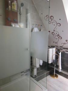 a glass walk in shower in a bathroom at Ty An Eol in Saint-Évarzec
