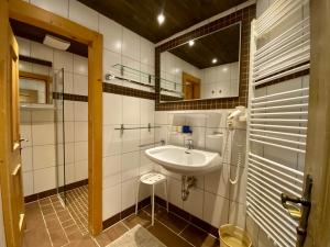 La salle de bains est pourvue d'un lavabo et d'un miroir. dans l'établissement Thalers Almhütte, à Sölden