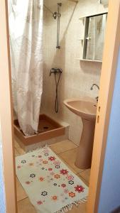 y baño con cortina de ducha y lavamanos. en Joli Appartement, terrasse plein sud, en Roquebrun