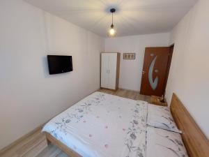 1 dormitorio pequeño con 1 cama y TV en Youth Central Apartment en Târgu Mureș
