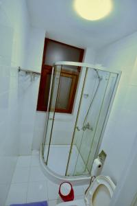 トビリシにあるAden Apartmentsのバスルーム(シャワー、鏡付きトイレ付)
