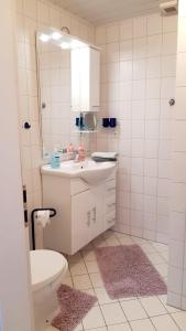 a bathroom with a sink and a toilet and a mirror at Ferienwohnungen-im-Koog-2 in Wesselburenerkoog