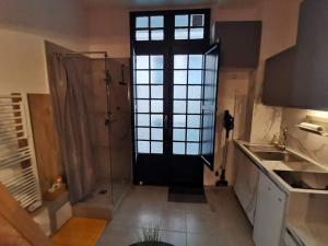 La salle de bains est pourvue d'une douche et d'une porte en verre. dans l'établissement Studette "La Fourmi" proche centre et plage, à Beaulieu-sur-Mer