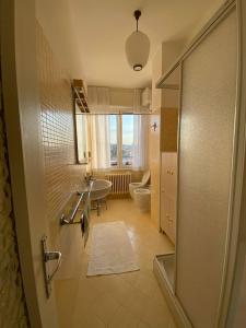 uma casa de banho com um chuveiro, um lavatório e um WC. em MAX and SEA parking em Sanremo