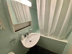 Appartement à la montagne في شامبري: حمام صغير مع حوض ومرآة