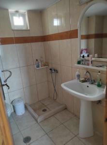 La petite salle de bains est pourvue d'un lavabo et d'une douche. dans l'établissement studios.maria.anna, à Kamilárion