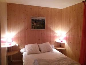 1 dormitorio con paredes de madera y 1 cama con 2 lámparas en Appartement 4 personnes tout équipé VOSGES. en Rochesson