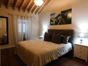 ein Schlafzimmer mit einem Bett und einem Gemälde an der Wand in der Unterkunft Surf Beach_Santa Barbara Secret Gardens in Ribeira Grande