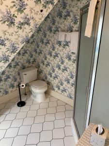 ジェネセオにあるThe Annabel Lee Innのトイレと花柄の壁紙が付いたバスルーム