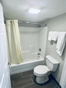 een badkamer met een wit toilet, een bad en een douche bij Executive Inn in Kingsville