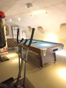 a room with a pool table and a treadmill at WIFI, FrAîChEuR, Jacuzzi, Sauna, Billard, Sport in Épernay