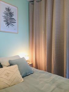 um quarto com uma cama com uma cortina e uma imagem em Grand Studio avec terrasse proche de l'hypercentre de Lorient em Lorient