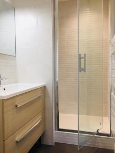 W łazience znajduje się prysznic ze szklanymi drzwiami. w obiekcie Grand Studio avec terrasse proche de l'hypercentre de Lorient w mieście Lorient