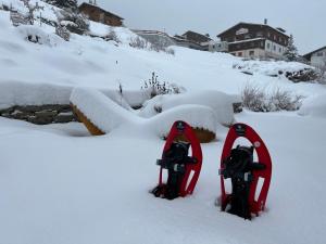 a pair of skis sitting in the snow at Sera Lodge in Grächen