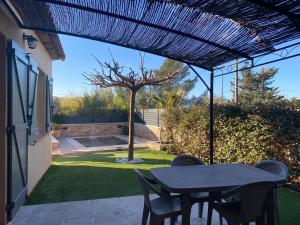 een patio met een tafel en stoelen onder een pergola bij Villa ,Maison indépendante, avec piscine privative in Puget-sur Argens