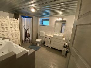 uma casa de banho com um lavatório, WC e um espelho. em Slowlife Mátra em Mátraszentistván
