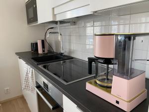 una cocina con licuadora en una encimera en New Apartment next to Kuopio Harbour with Sauna, en Kuopio
