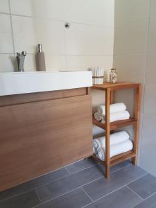 baño con lavabo y una pila de toallas en Apartment House Staňkov, en Staňkov