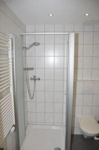 uma casa de banho com um chuveiro e um WC. em Salve 9 em Leukerbad