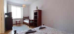 - une chambre avec 2 lits, une commode et une fenêtre dans l'établissement Bp SOHO GRAND Apartment, à Budapest