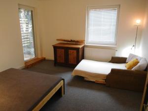 1 dormitorio con cama, sofá y ventana en Apartman HF, en Liberec